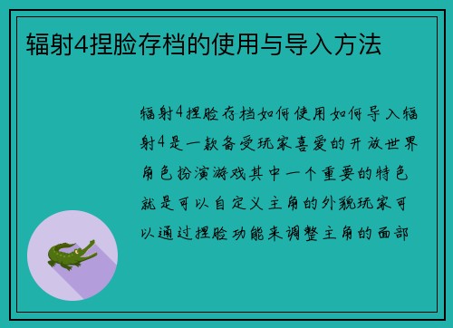 辐射4捏脸存档的使用与导入方法